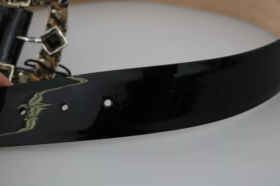 Black Shiny Leather Crystal Logo Buckle Belt