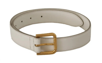 White Leather Gold Logo Engraved Metal Buckle Belt