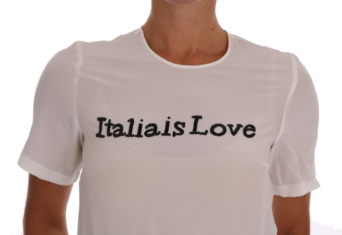 Silk Sequined 'Italia Is Love' White Blouse