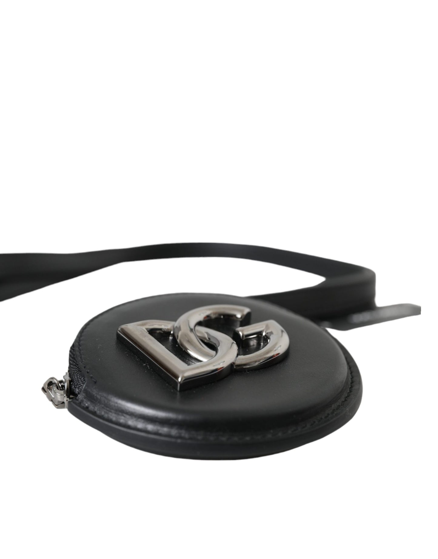 Black Round Leather DG Logo Coin Purse Lanyard Wallet