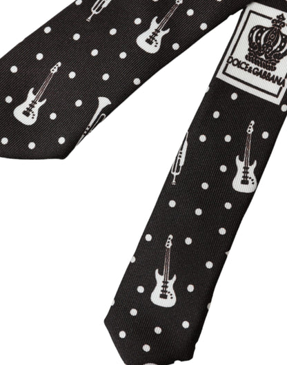 Black Guitar Print Silk Adjustable Tie