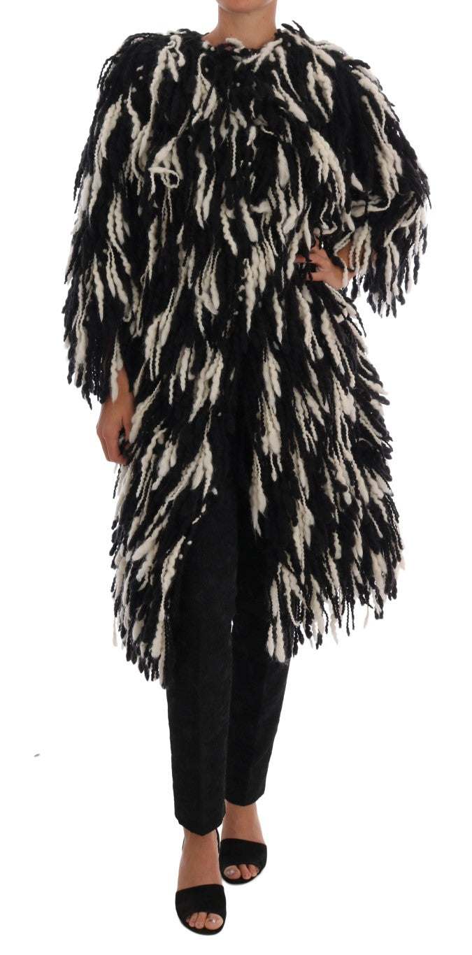 Black and White Fringed Wool Coat Jacket