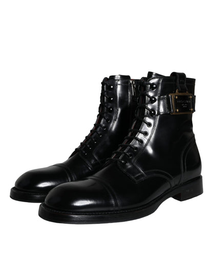 Black Logo Lace Up Mid Calf Men Boots Shoes