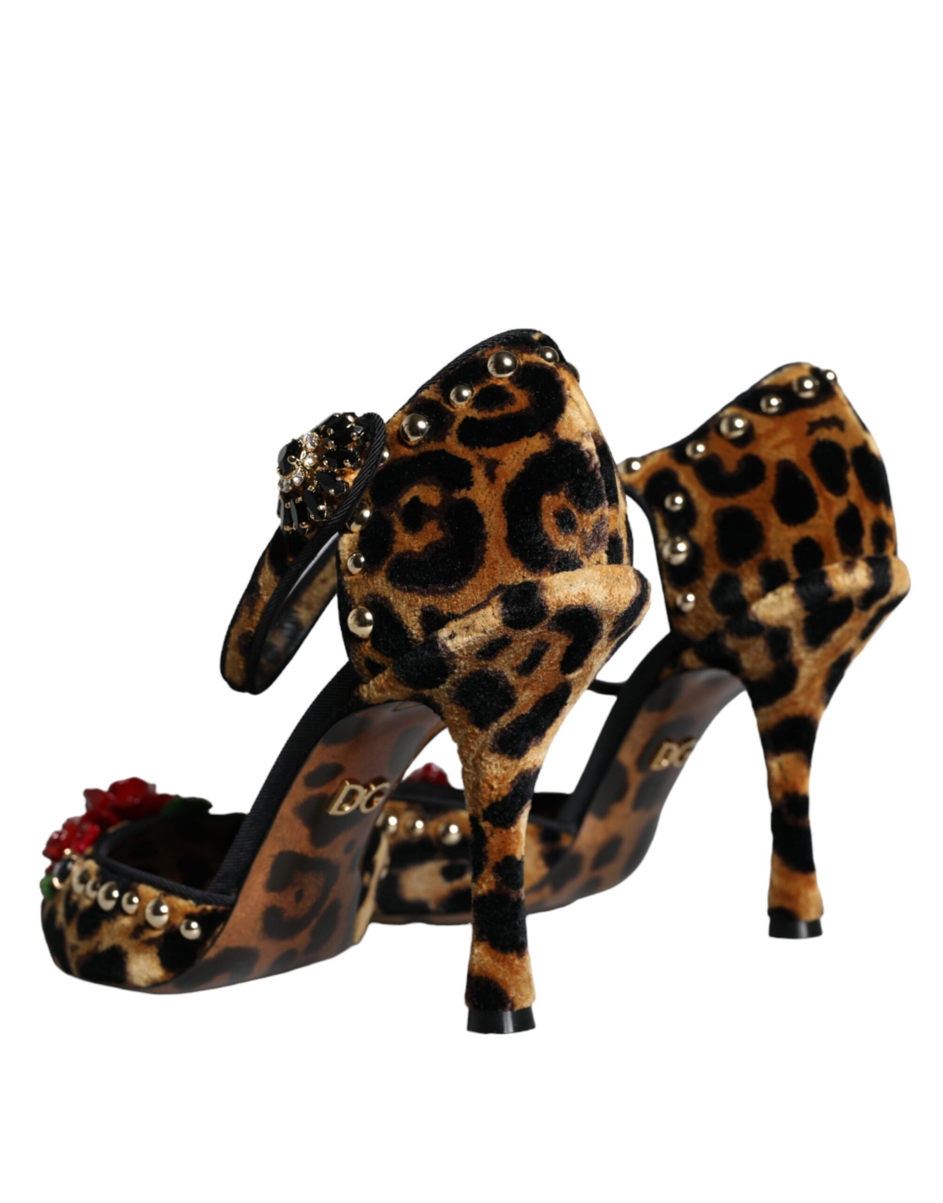 Brown Leopard Floral Crystal Ankle Strap Pumps Shoes