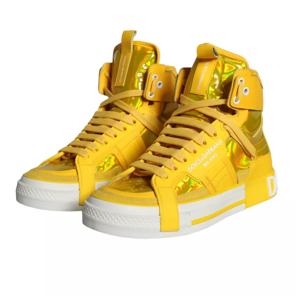 Yellow White Leather High Top Sneakers Shoes