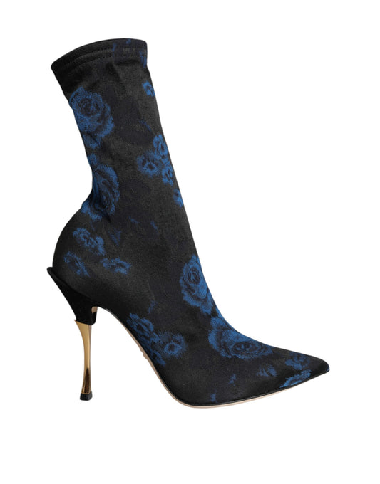 Black Floral Stretch Mid Calf Boots Shoes