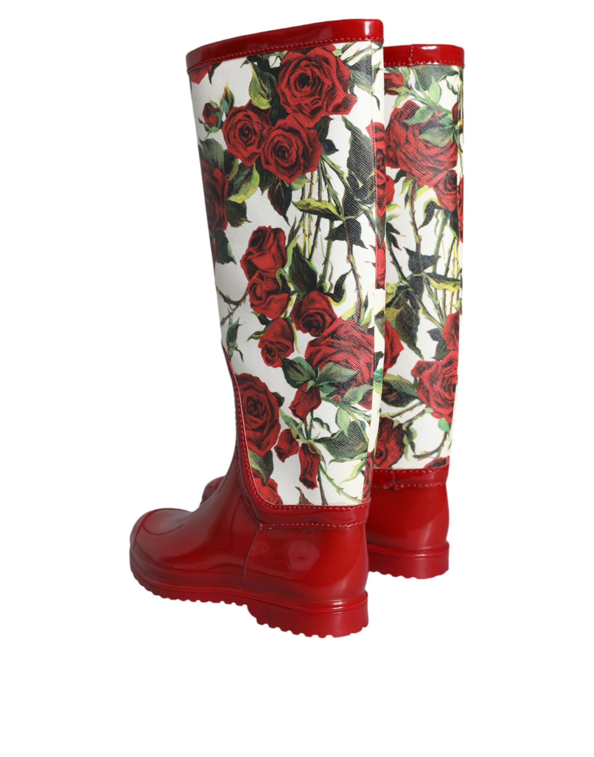 Red Floral Rubber Knee High Flat Boots Shoes