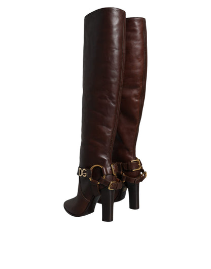 Brown Leather Gold Tone Logo High Boots Shoes