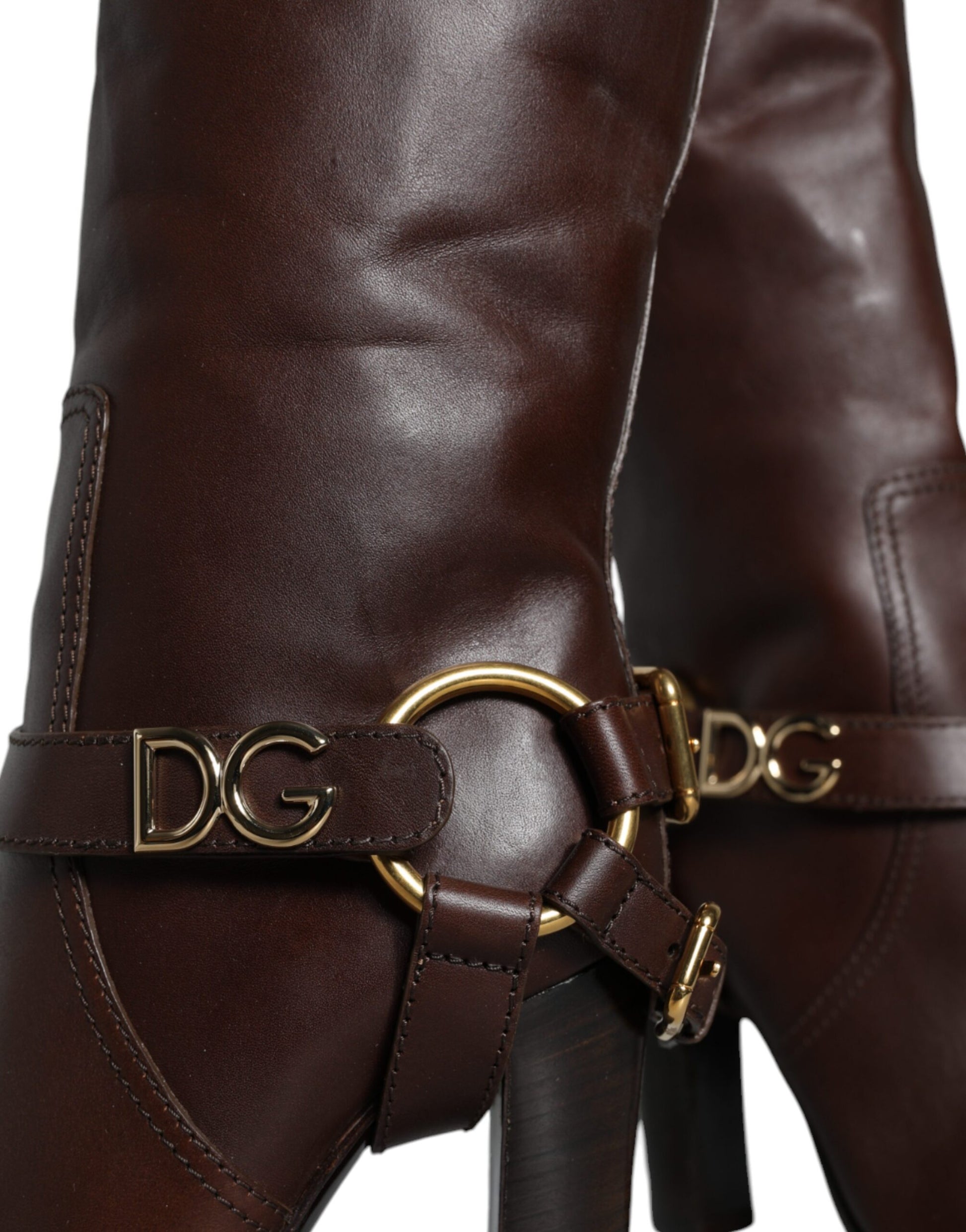 Brown Leather Gold Tone Logo High Boots Shoes