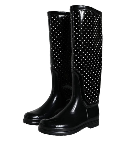 Black Polka Dot Rubber Knee High Boots Shoes