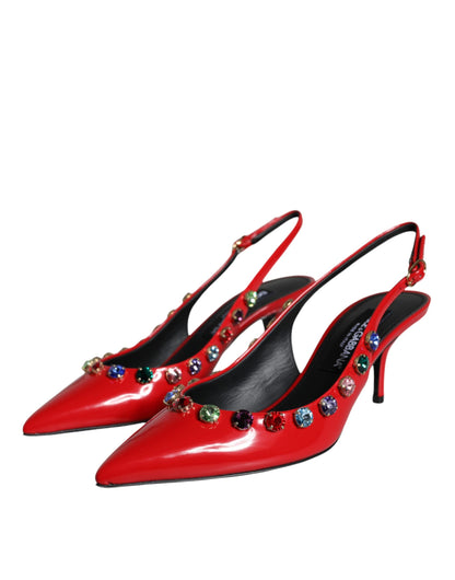 Red Leather Crystal Heels Slingback Shoes