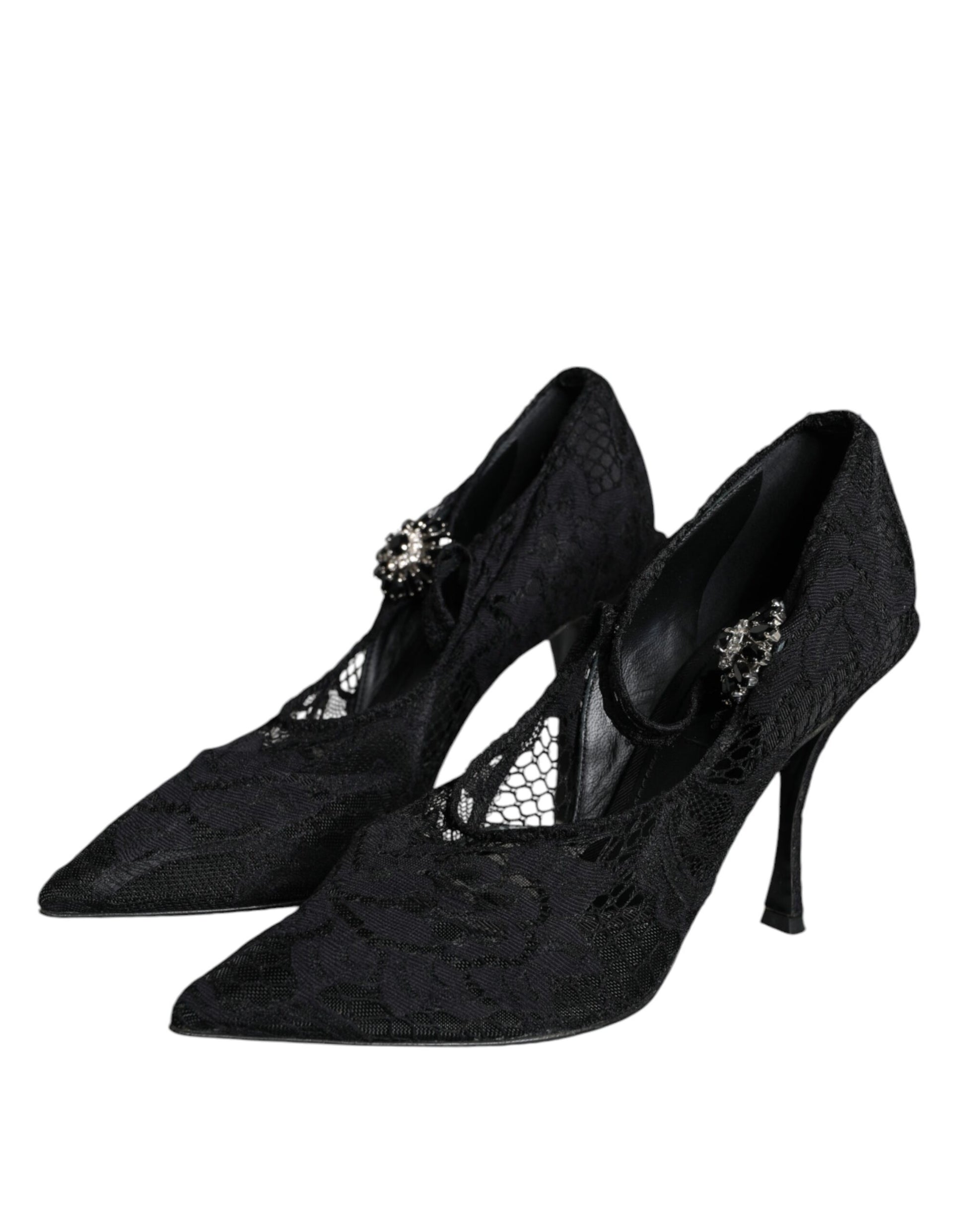 Black Mary Jane Pumps Lace Crystals Heels Shoes