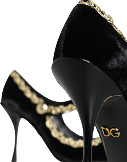 Black Mary Janes Velvet Gold Pumps Shoes