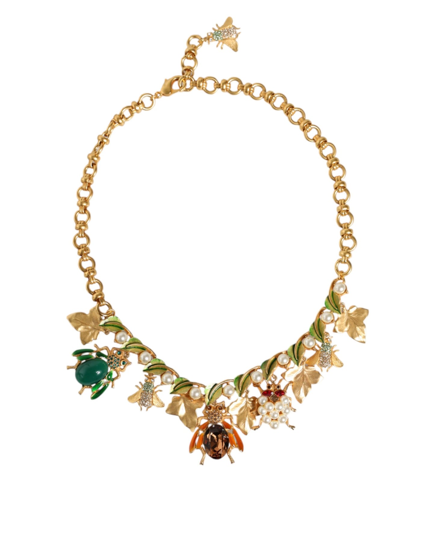 Gold Brass Crystal Bug Charm Pendant Statement Necklace