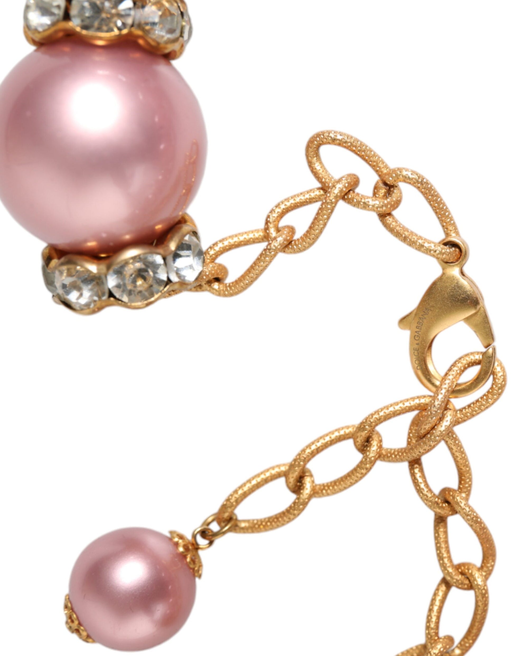 Pink Maxi Faux Pearl Beads Crystals Gold Chain Necklace