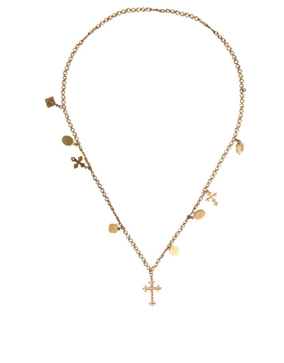 Gold Tone Brass Chain Religious Cross Pendant Necklace