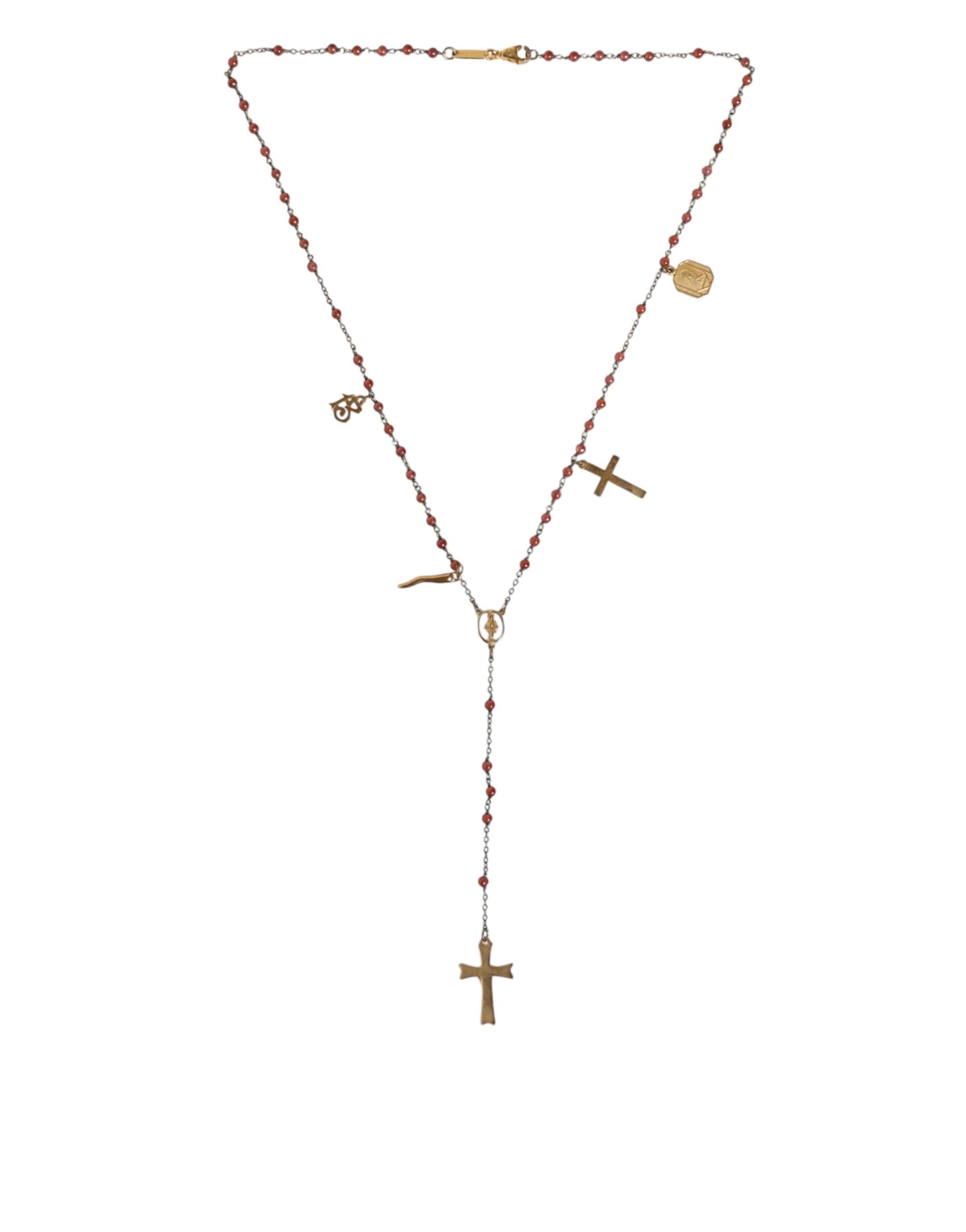 Gold Chain Brass Beaded Rosary Cross Pendant Necklace