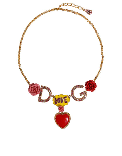 Gold Chain DG Logo Rose Love Crystal Charm Necklace