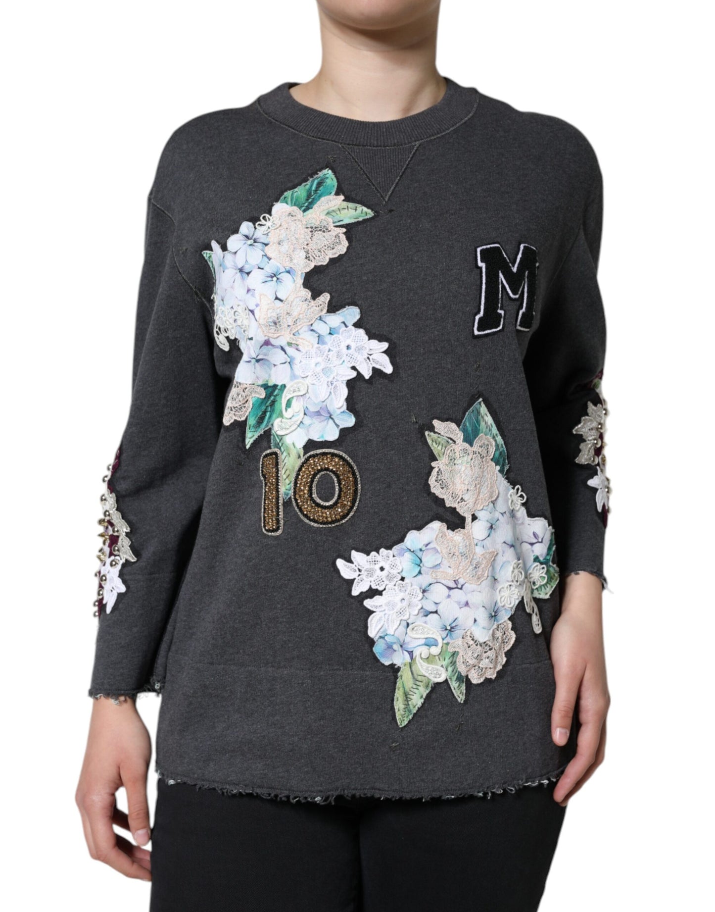 Gray Hydrangea CollegeStudded Floral Sweater