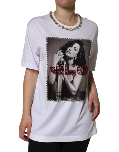 White Crystal Neckline Embellished Printed T-shirt