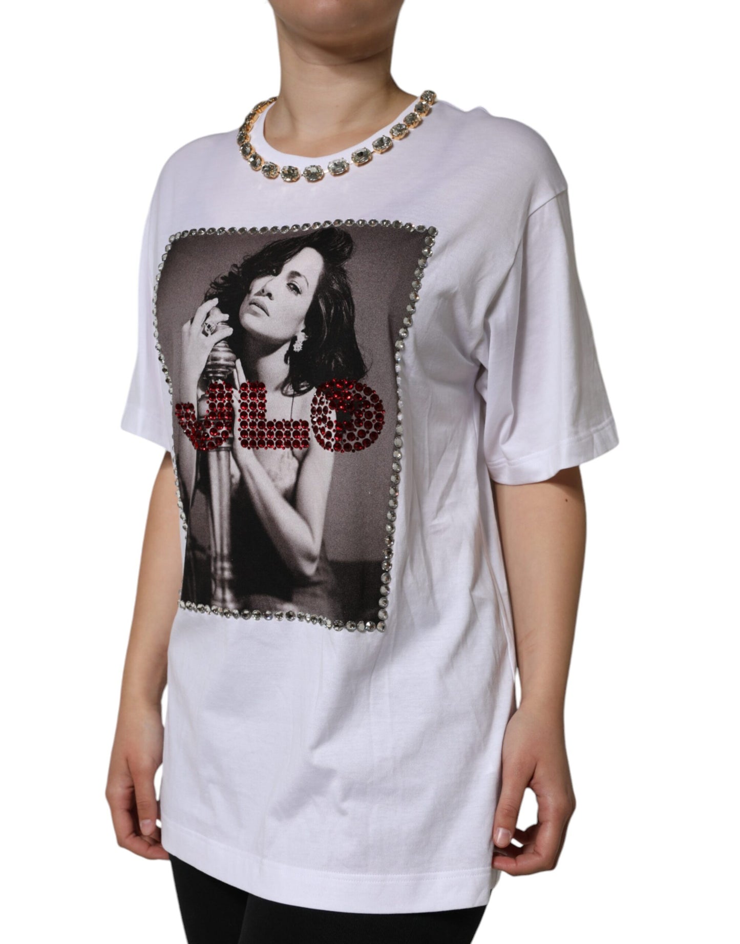 White Crystal Neckline Embellished Printed T-shirt