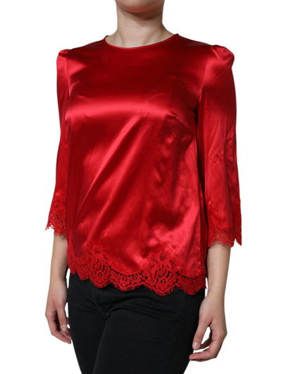 Red Satin Lace Trim Round Neck Blouse Top