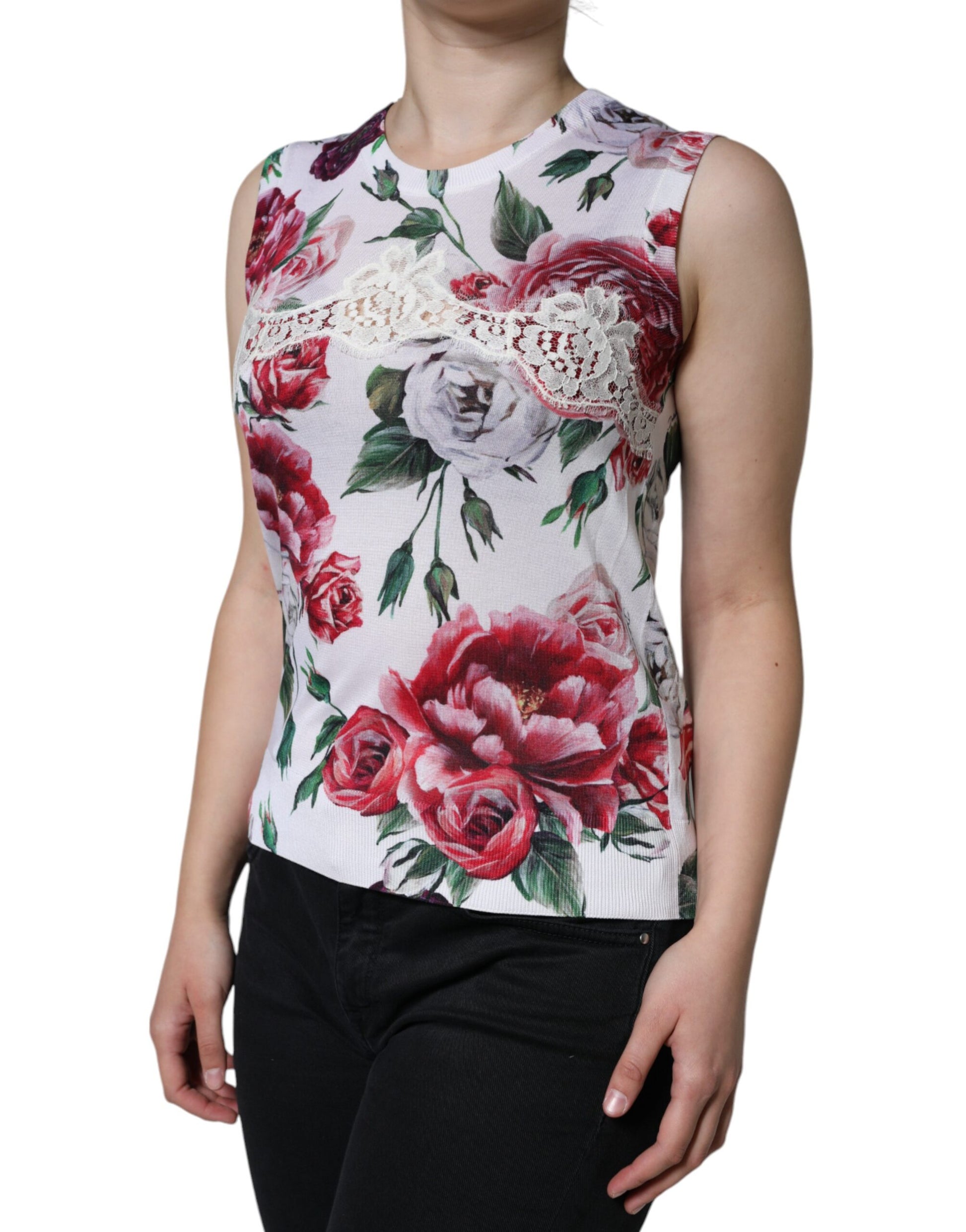 White Floral Lace Silk Sleeveless Tank Top