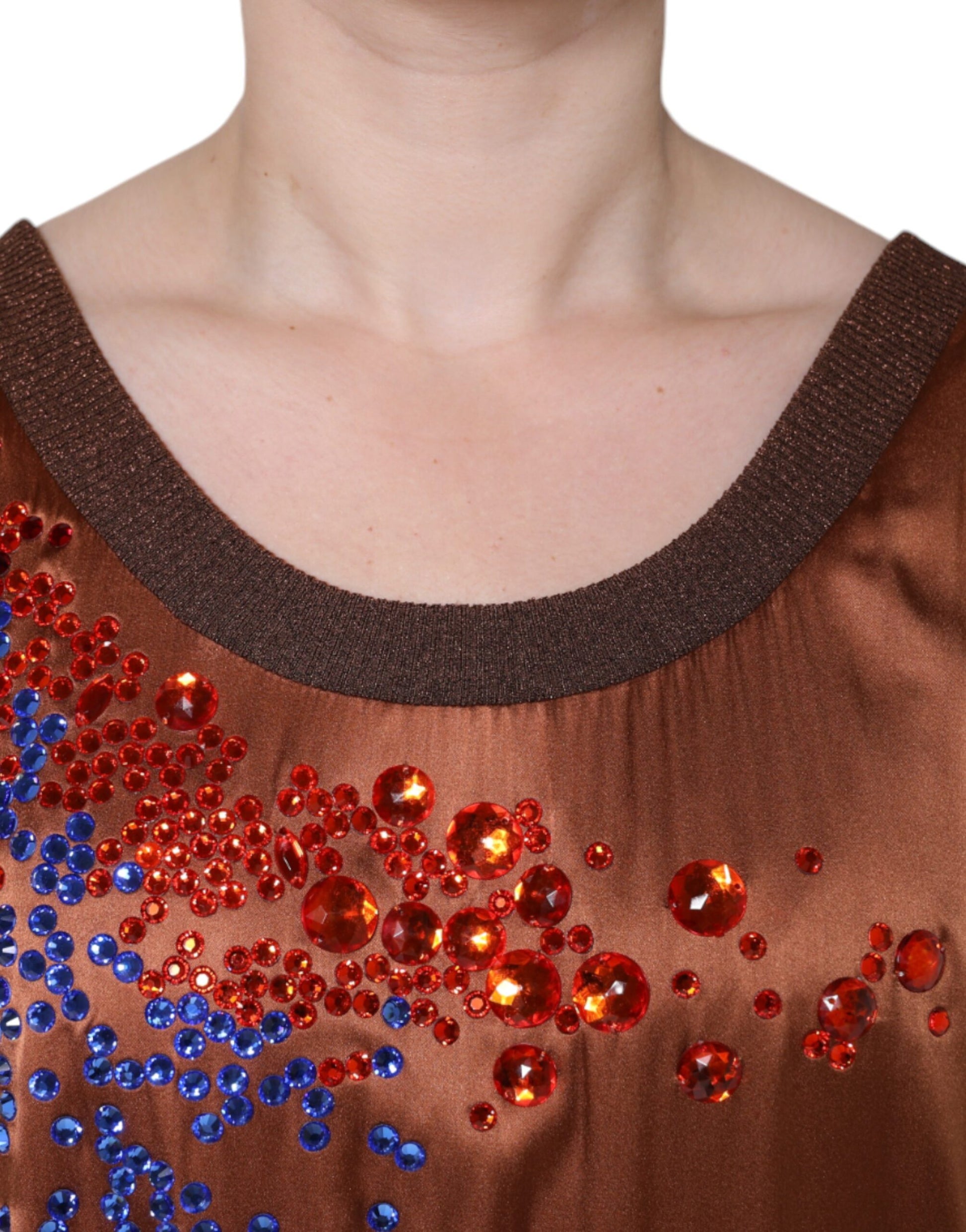 Brown Crystal Embellished Sleeveless Tank Top