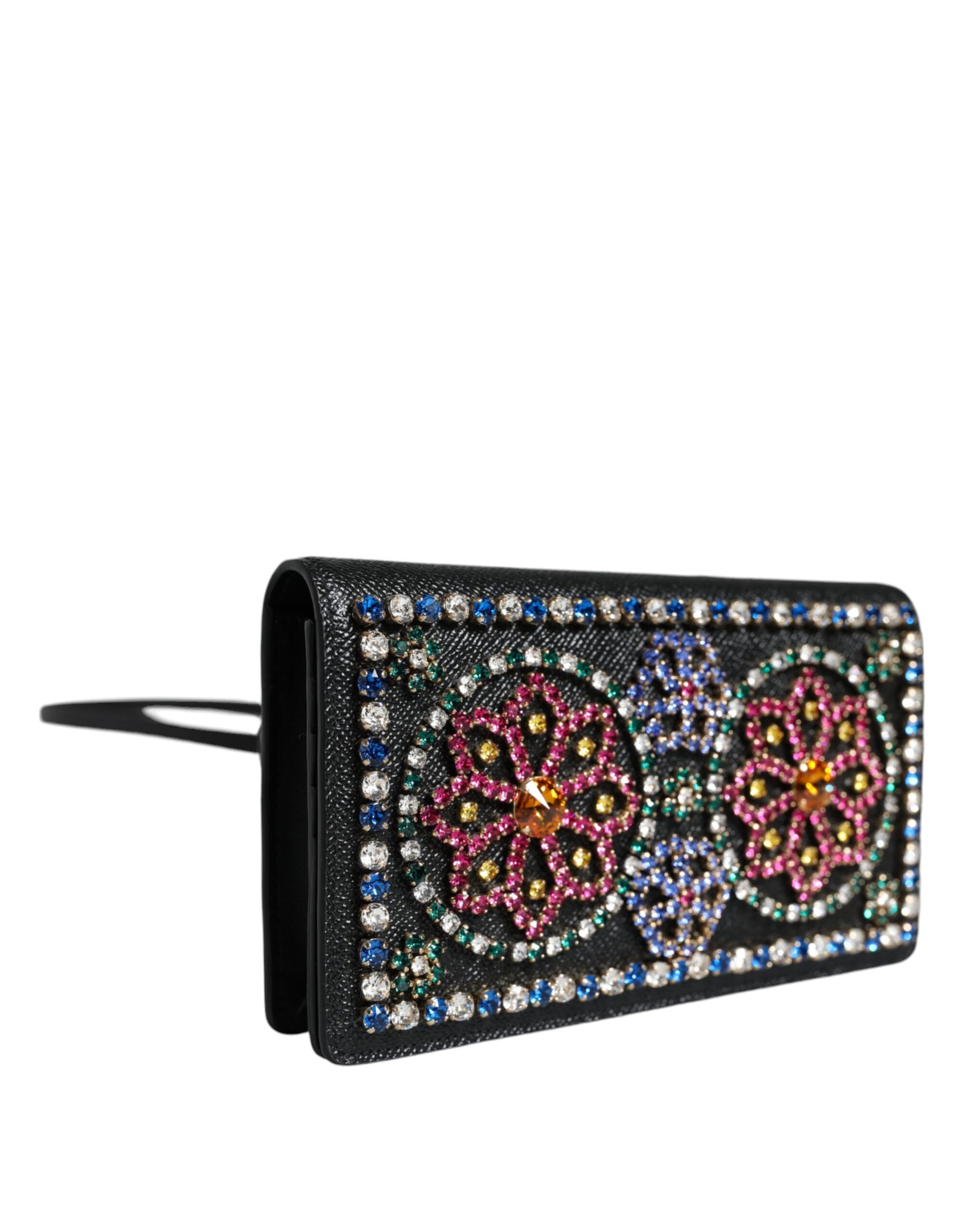 Black Leather Crystal Shoulder Crossbody Clutch Bag