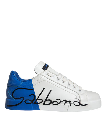 White Blue Leather Logo Low Top Sneakers Shoes