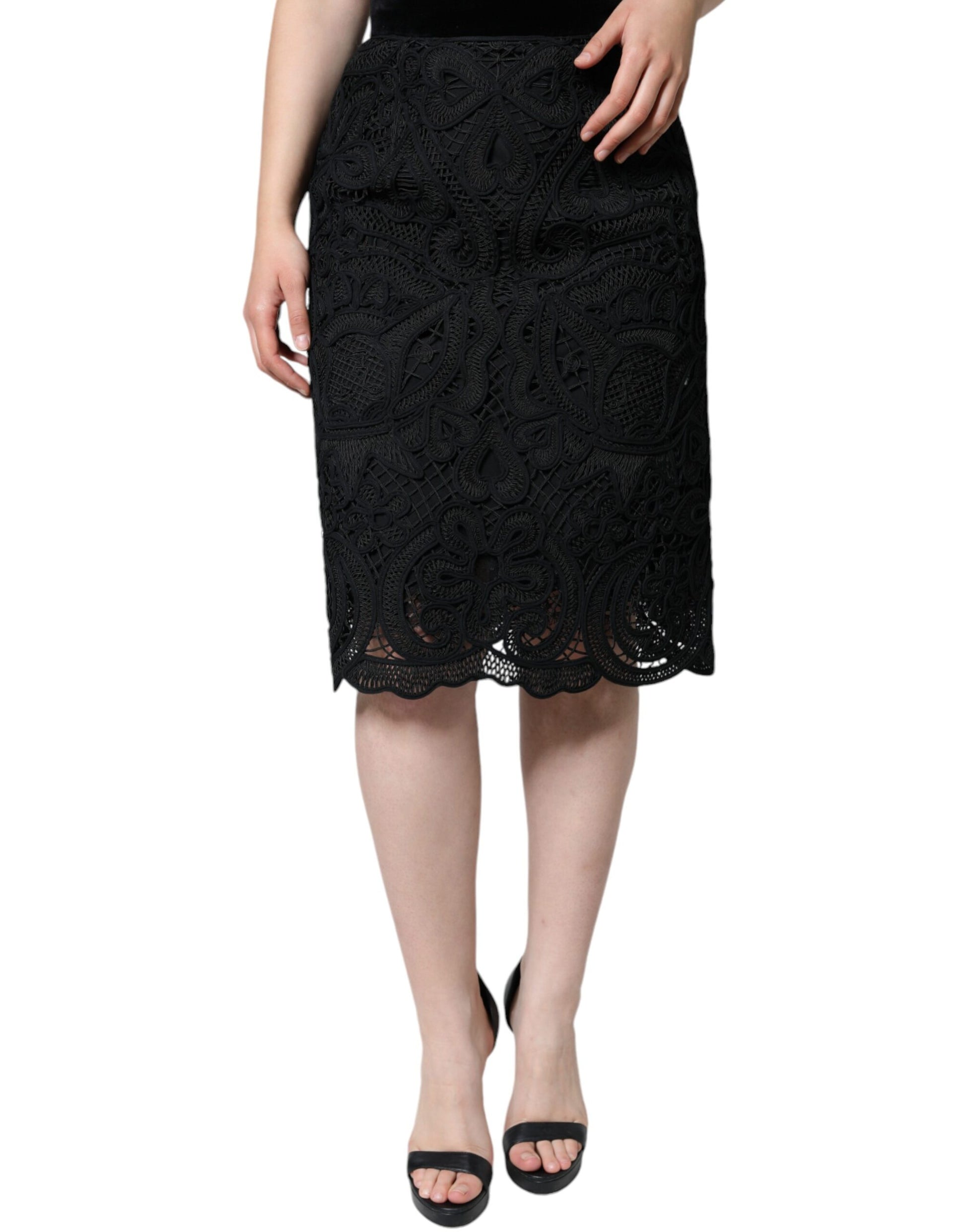 Black Floral Lace High Waist Pencil Cut Skirt