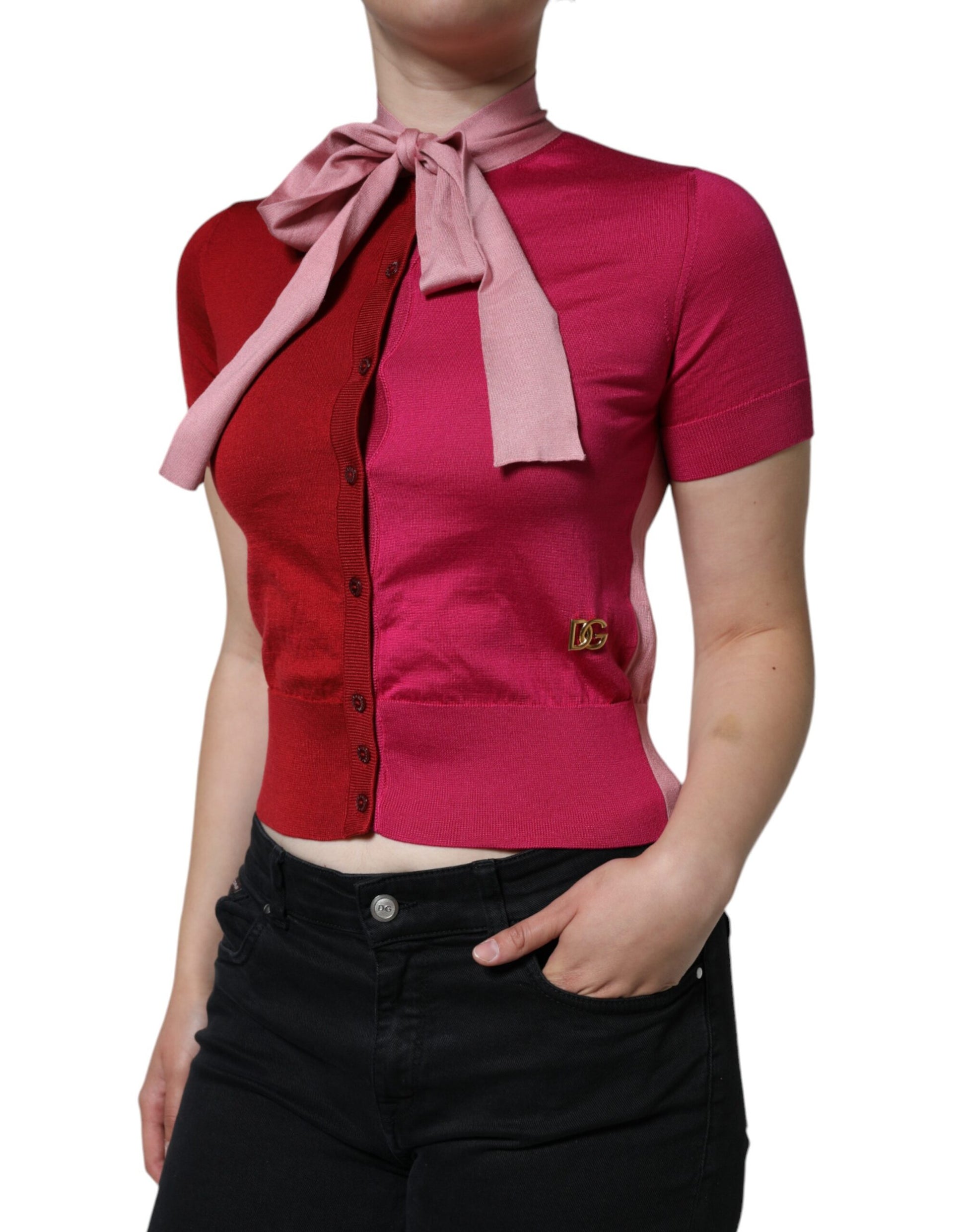 Pink Short Sleeves Pullover Ascot Collar Top