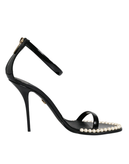 Black Keira Leather Faux Pearl Sandals Heels Shoes