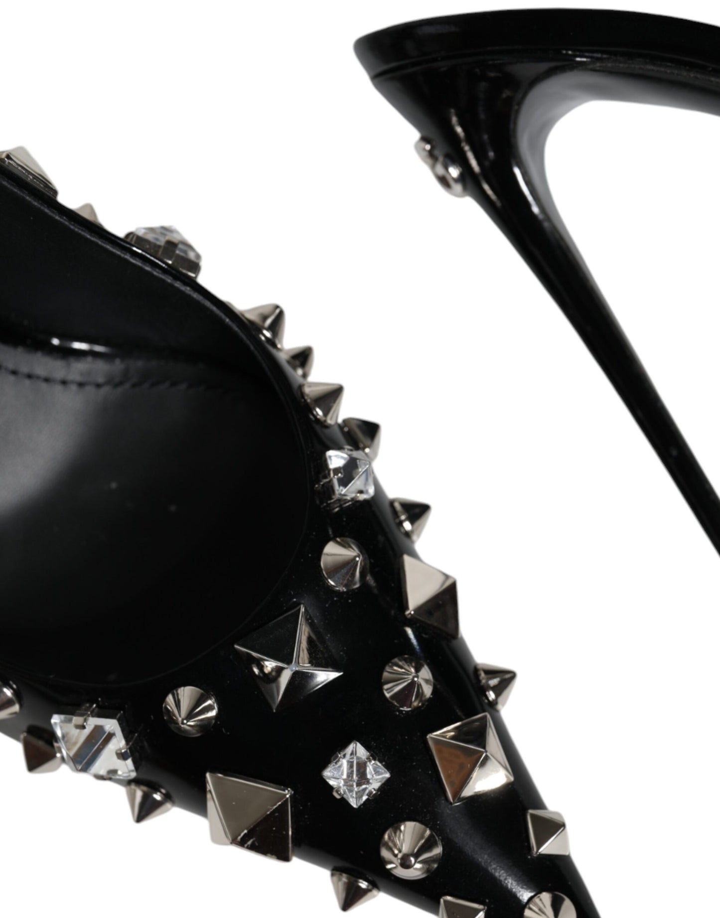 Black Leather Crystal Stud Slingback Shoes