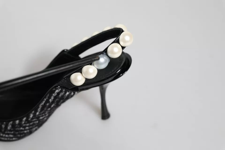 White Black Chevron Faux Pearl Slingback Shoes