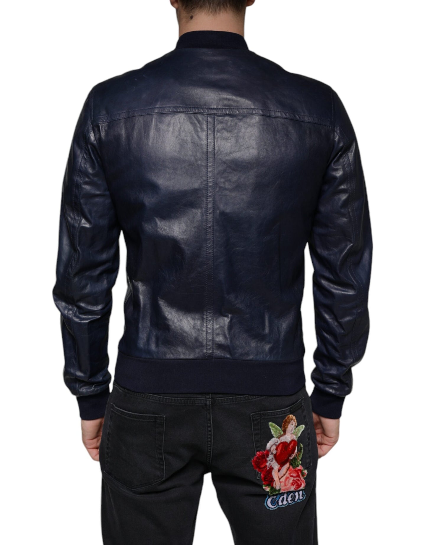 Blue Lambskin Leather Full Zip Biker Jacket