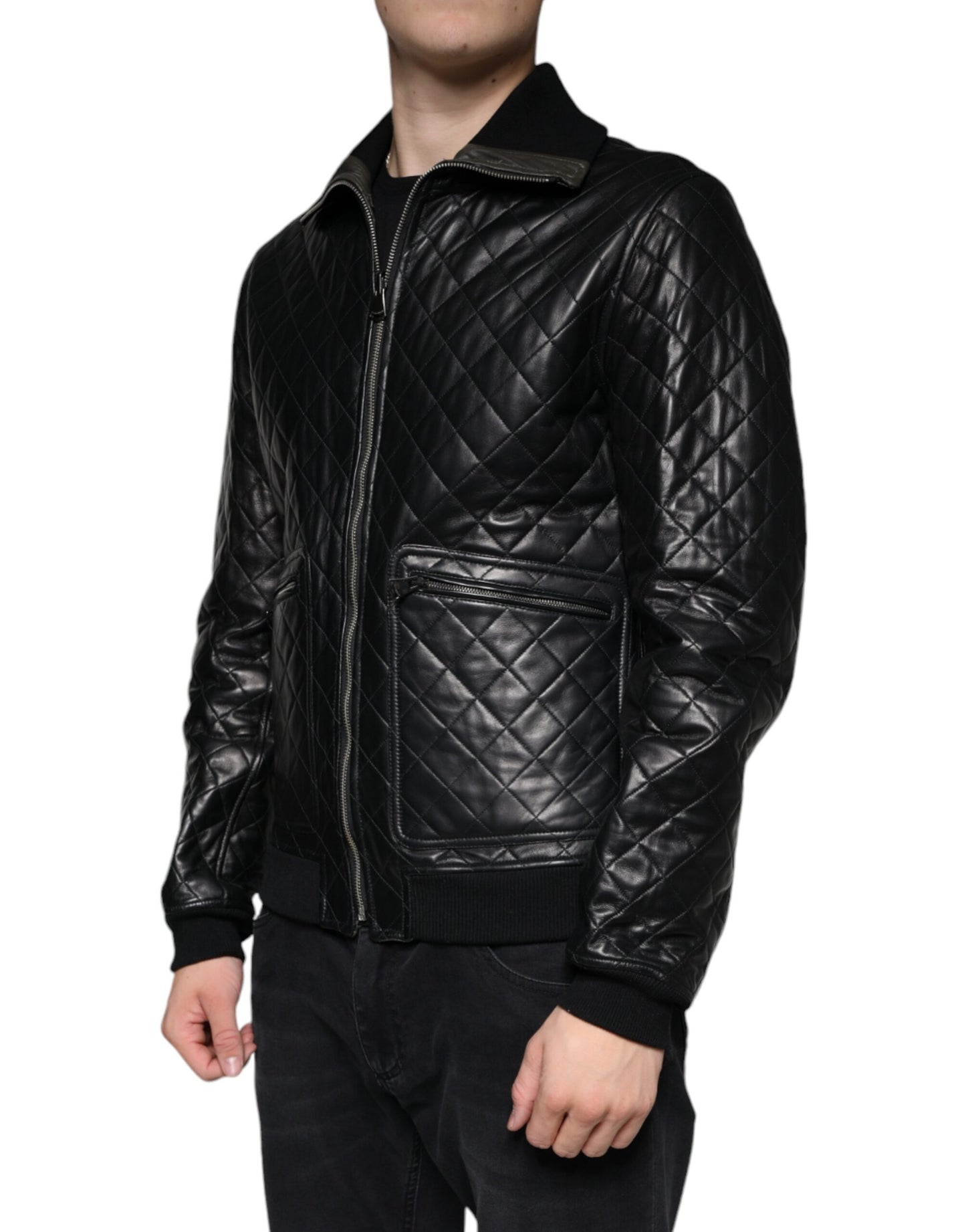 Black Calf Leather Quilted Full Zip Jacket