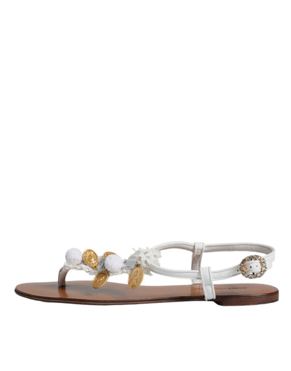 White Leather Coins Flip Flops Sandals Shoes