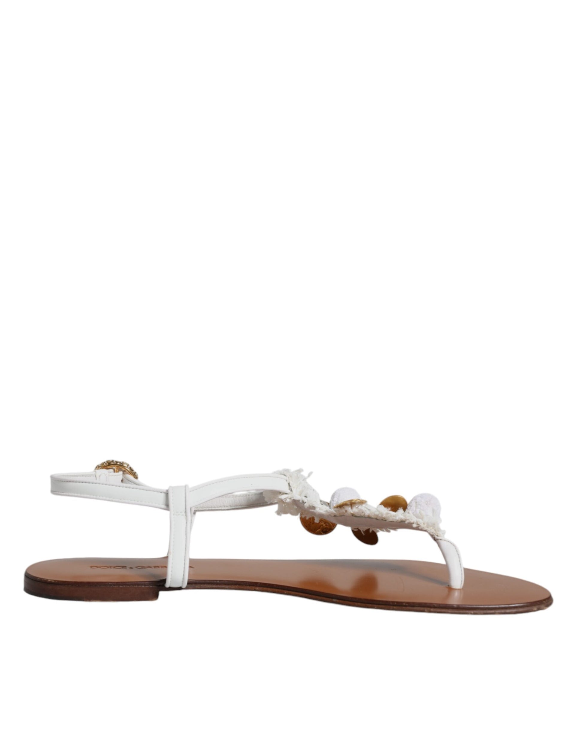 White Leather Coins Flip Flops Sandals Shoes