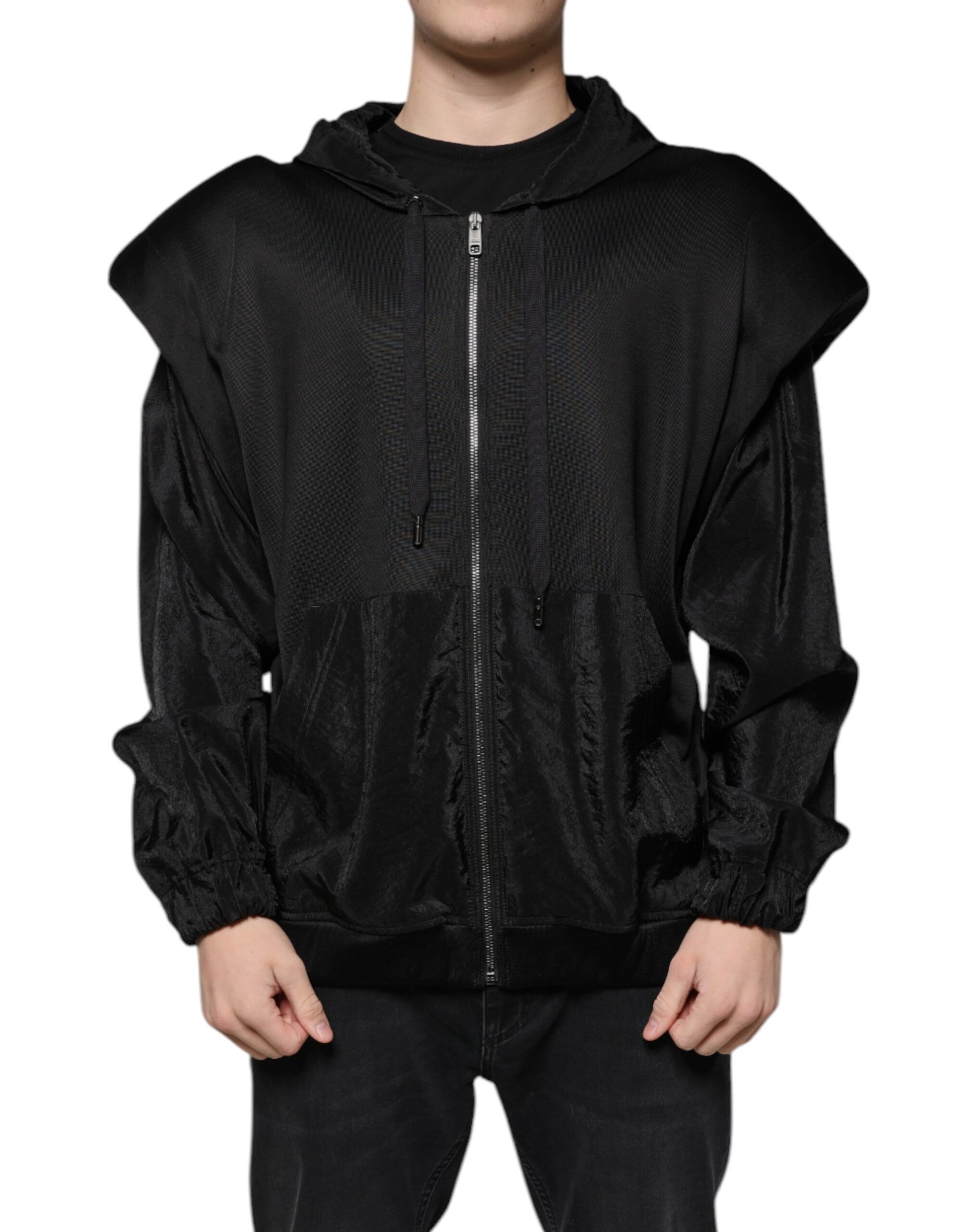 Black Viscose Full Zip Hooded Bomber Jacket