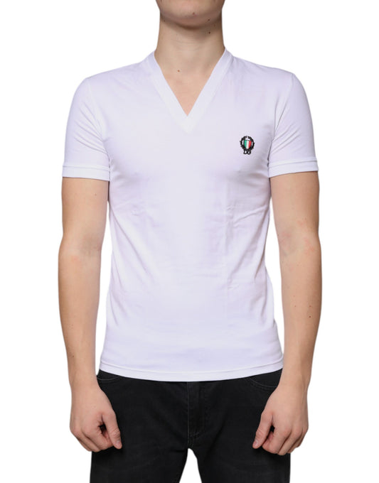 White Logo Cotton Deep V-neck T-shirt