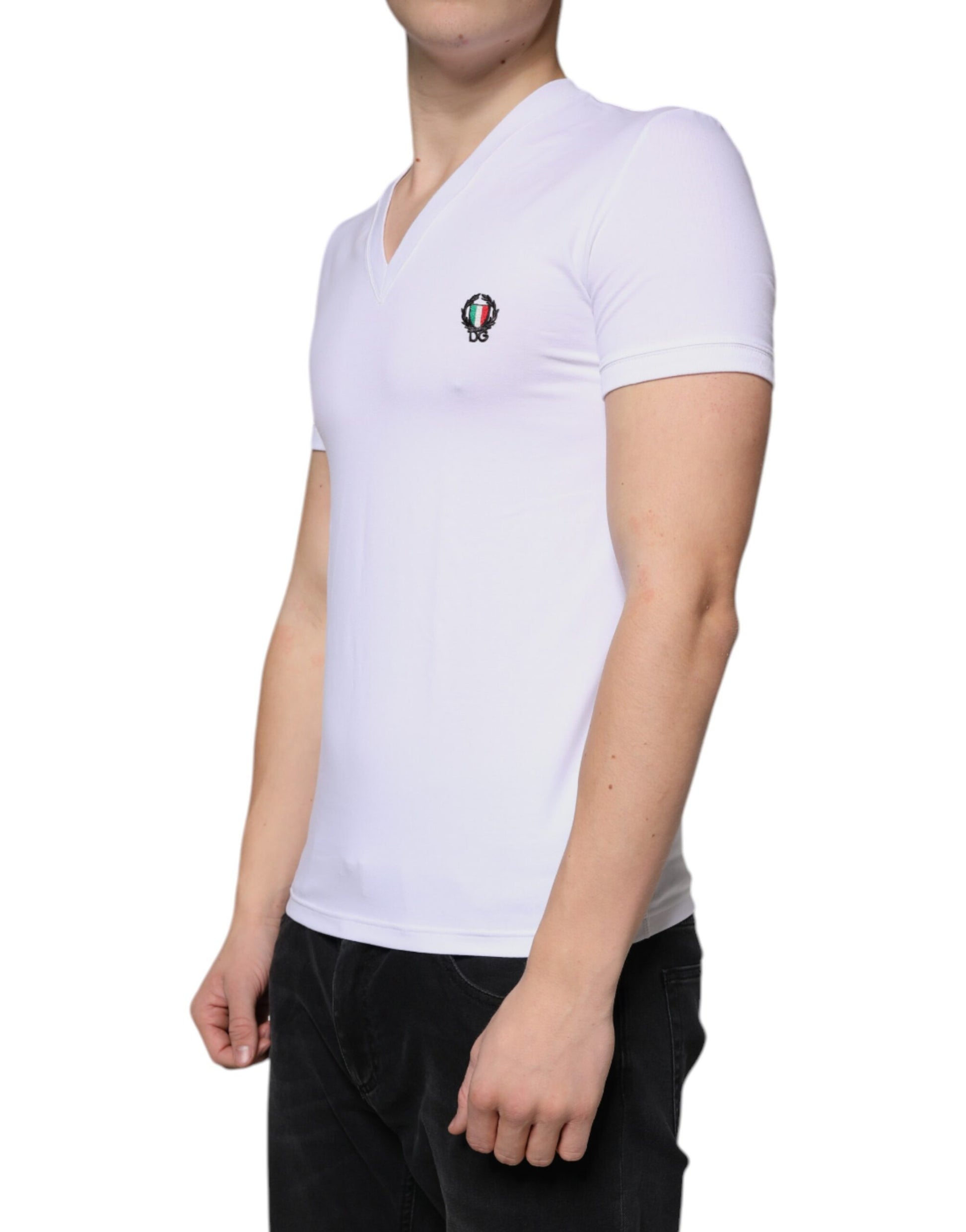 White Logo Cotton Deep V-neck T-shirt