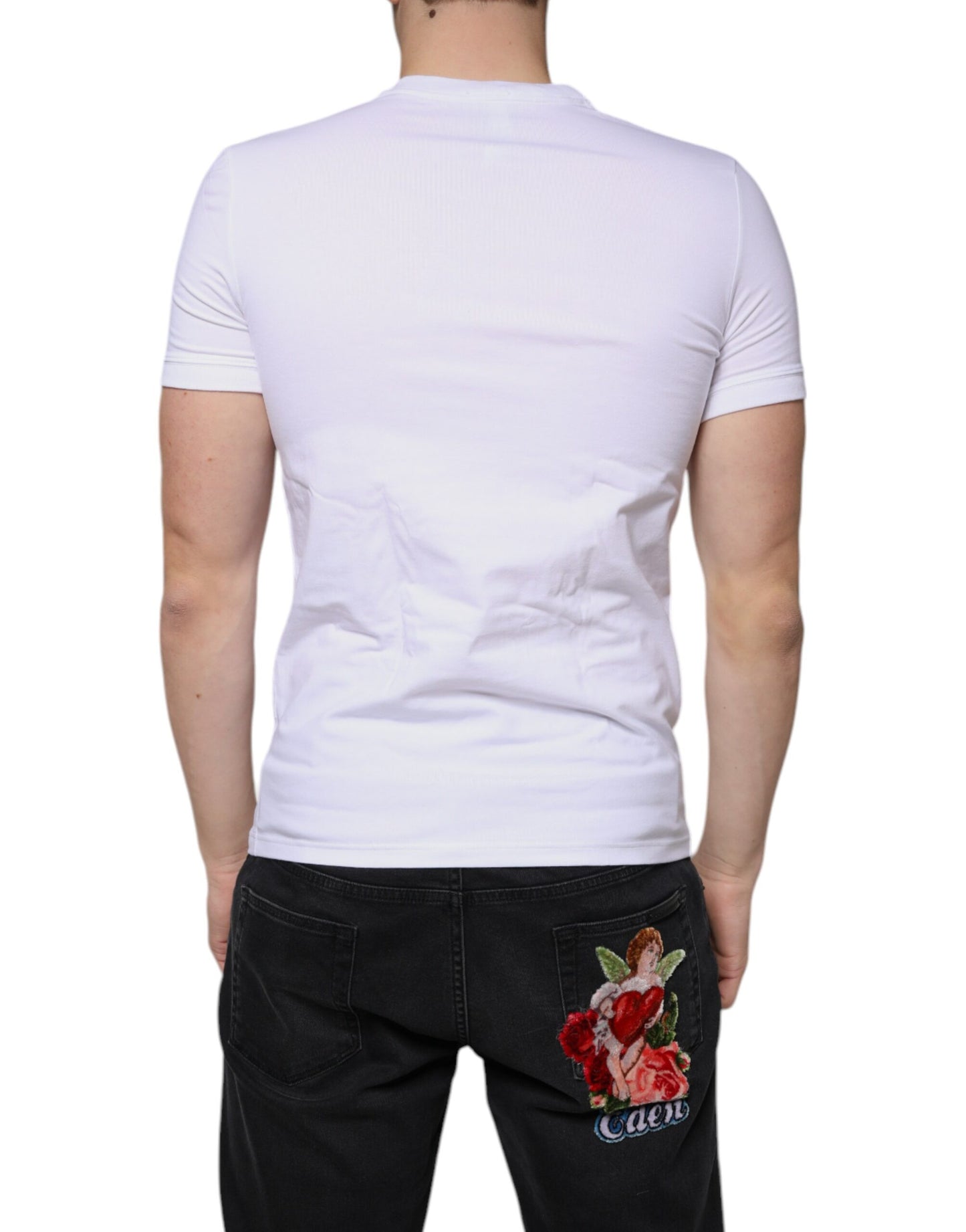 White Logo Cotton Deep V-neck T-shirt