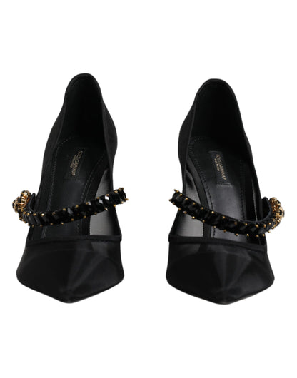 Black Mesh Mary Jane Crystal Heel Pump Shoes