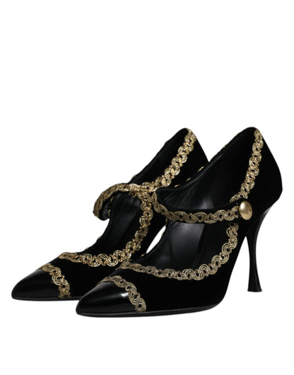 Black Velvet Gold Mary Janes Pumps Shoes