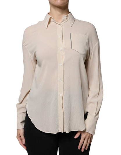 Beige Silk Blend Collared Button Down Top