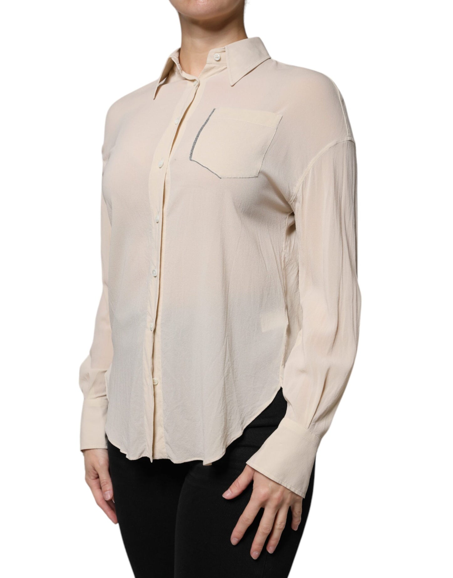 Beige Silk Blend Collared Button Down Top