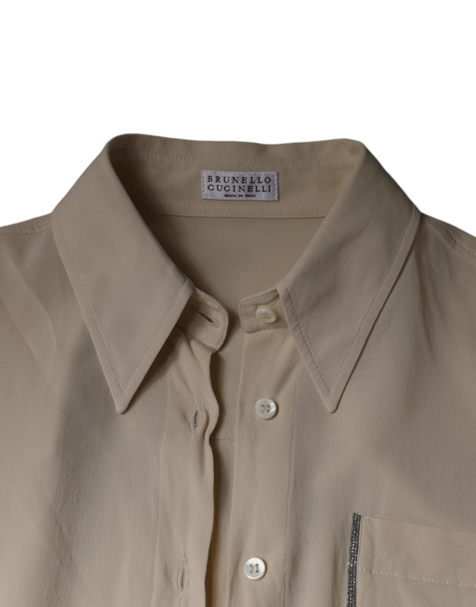 Beige Silk Blend Collared Button Down Top