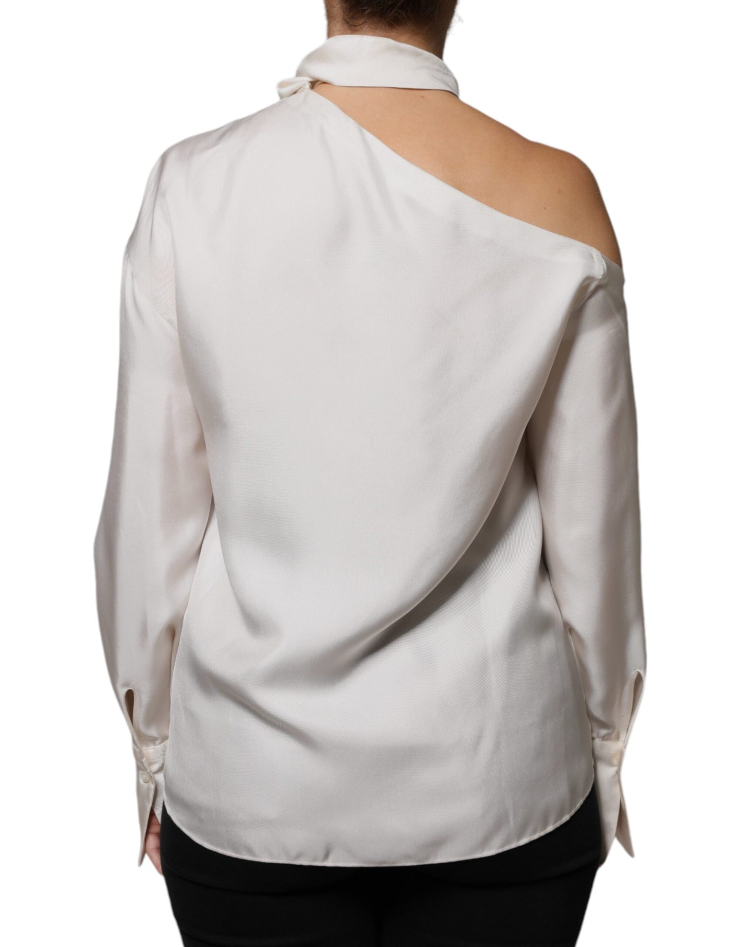 Beige Silk Ascot Collared Long Sleeves Top