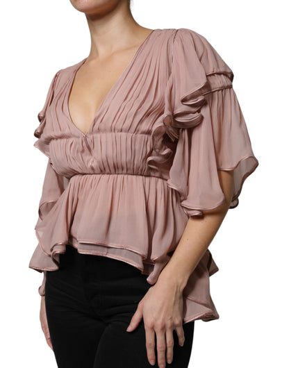 Brown Silk Short Sleeves V-neck Pleated Top